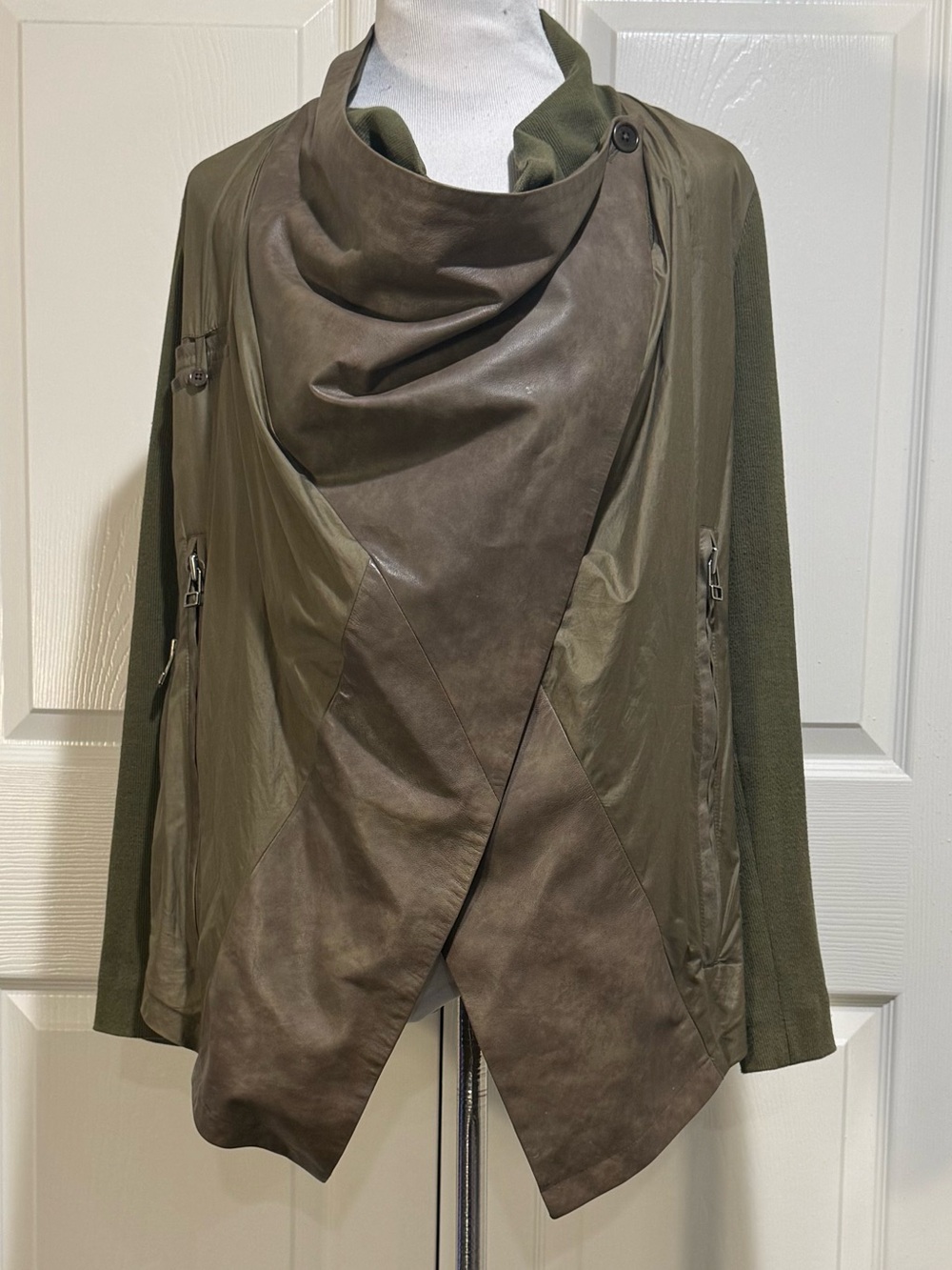 igal Azrouël Mixed Media Asymmetric Cowl Wrap Jacket  Leather and Silk blend